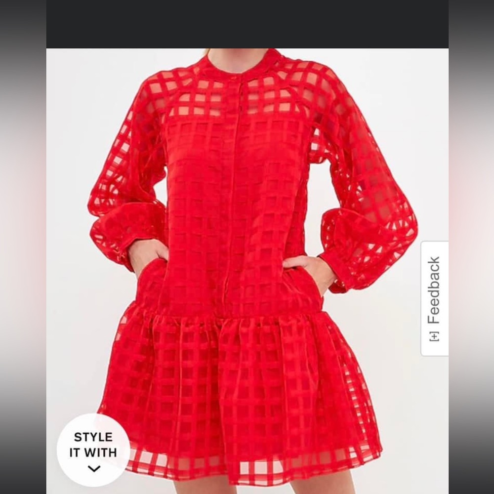 English Factory Large Red Organza Button Long Sleeve Mini Dress.